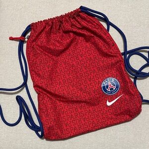 Nike String Backpack-Paris St Germain all over Logo-Red with Blue Accents-EUC